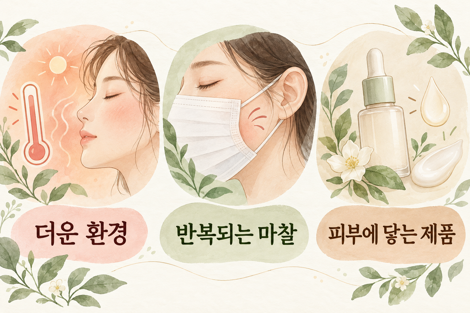 더운 환경 마스크의 마찰 피부에 닿는 제품을 나누어 보는 그림
