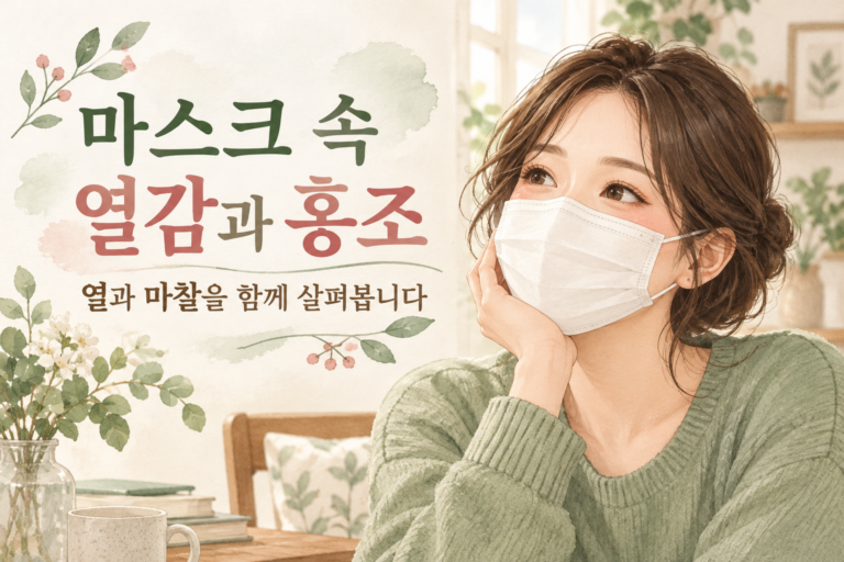 마스크로 코와 입을 덮은 여성과 열감 및 홍조를 설명하는 문구