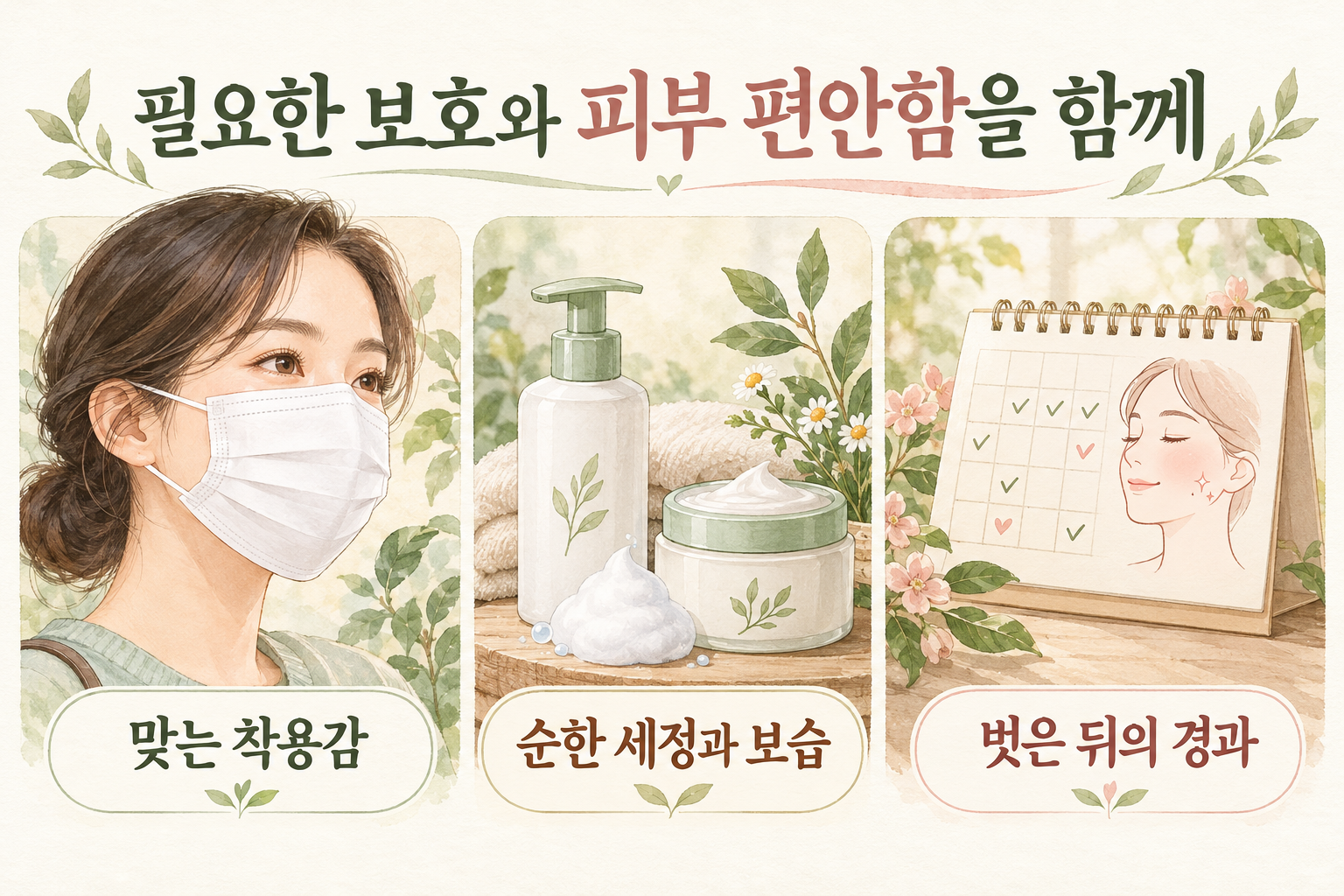 마스크 착용감 순한 세정과 보습 벗은 뒤 경과를 함께 살펴보는 그림