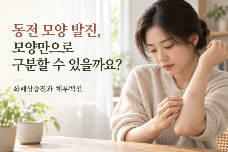 동전 모양의 둥근 발진이 있는 팔을 살펴보는 여성