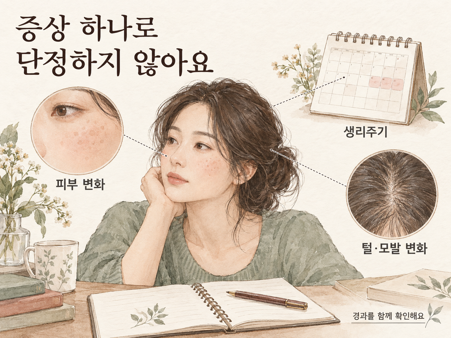 피부 변화, 생리주기, 털과 모발의 변화를 함께 확인하는 의료교육 삽화