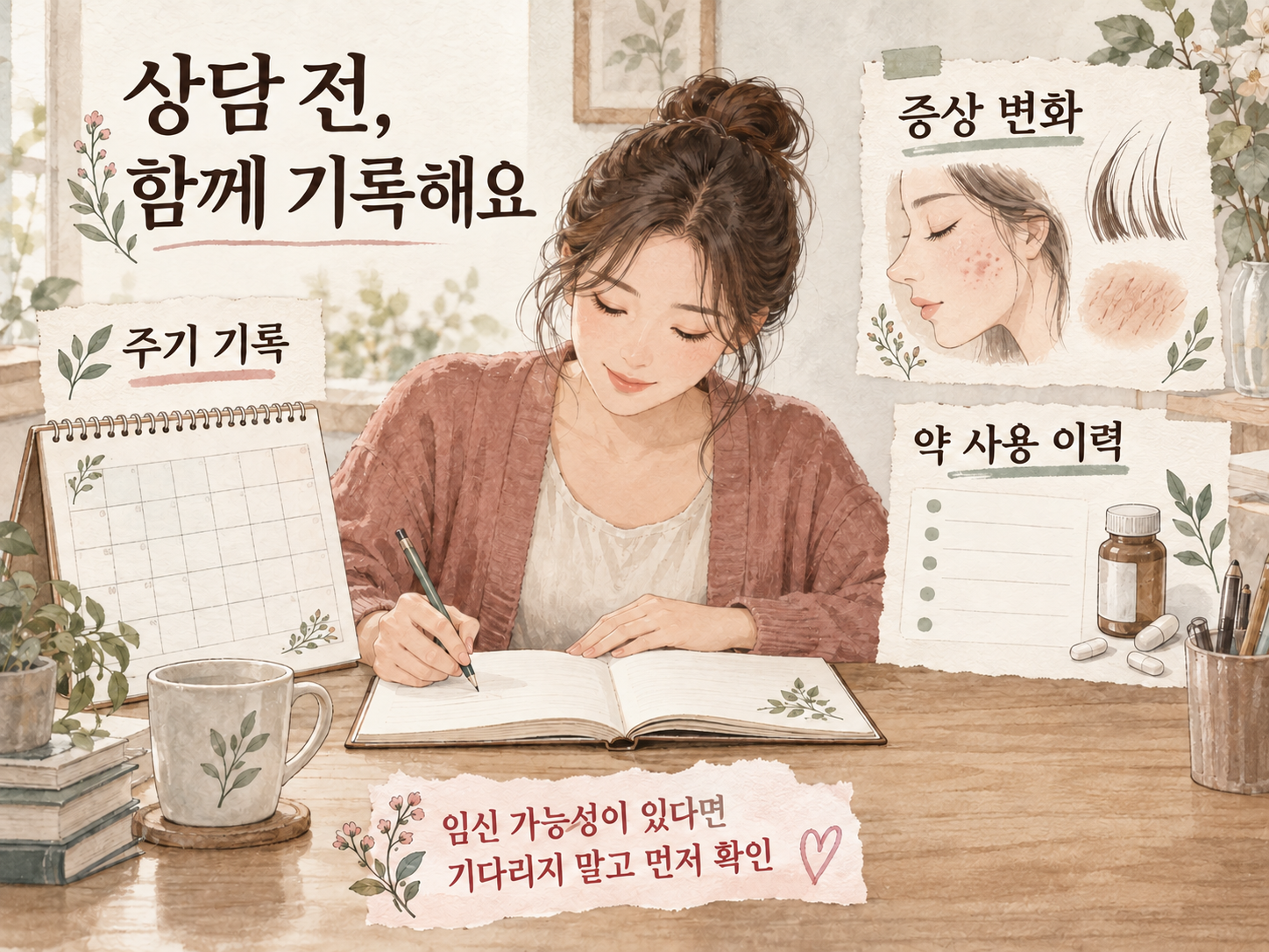 여성이 생리주기와 약 사용 이력을 기록하며 상담을 준비하는 설명용 수채화 삽화
