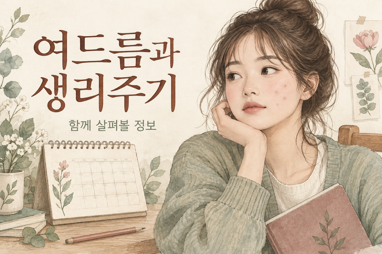 성인 여성의 수채화 삽화와 달력을 배치한 여드름·생리주기 칼럼 썸네일