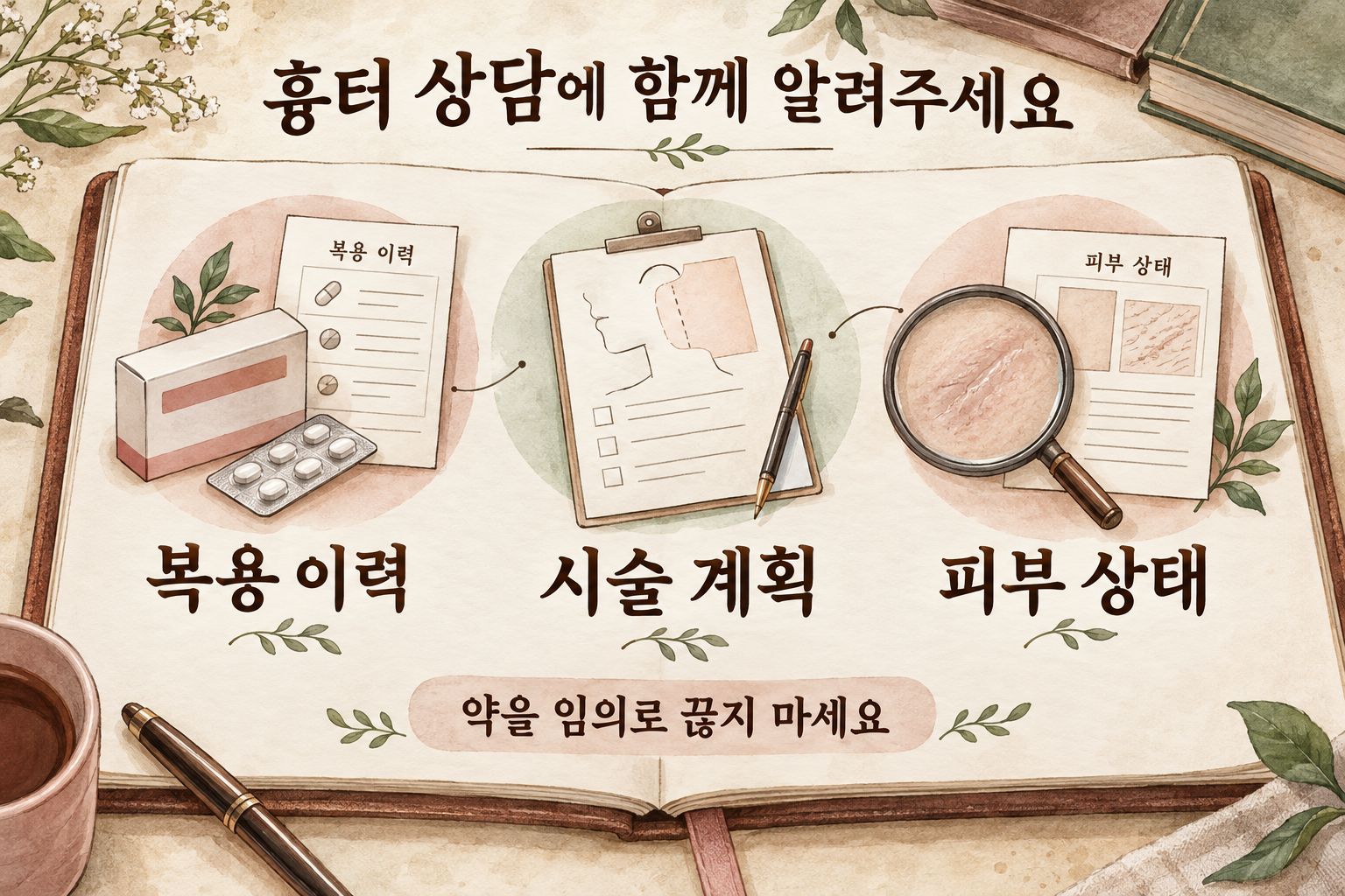 복용 이력, 예정 시술 계획, 현재 피부 상태를 상담 노트에 정리하는 수채화 설명 그림