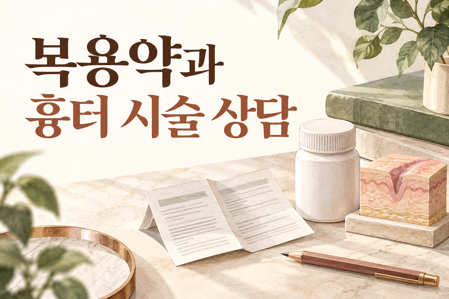 약 복용 정보와 흉터 시술 상담을 상징하는 의료 기록지와 무표기 약 용기를 그린 수채화 썸네일