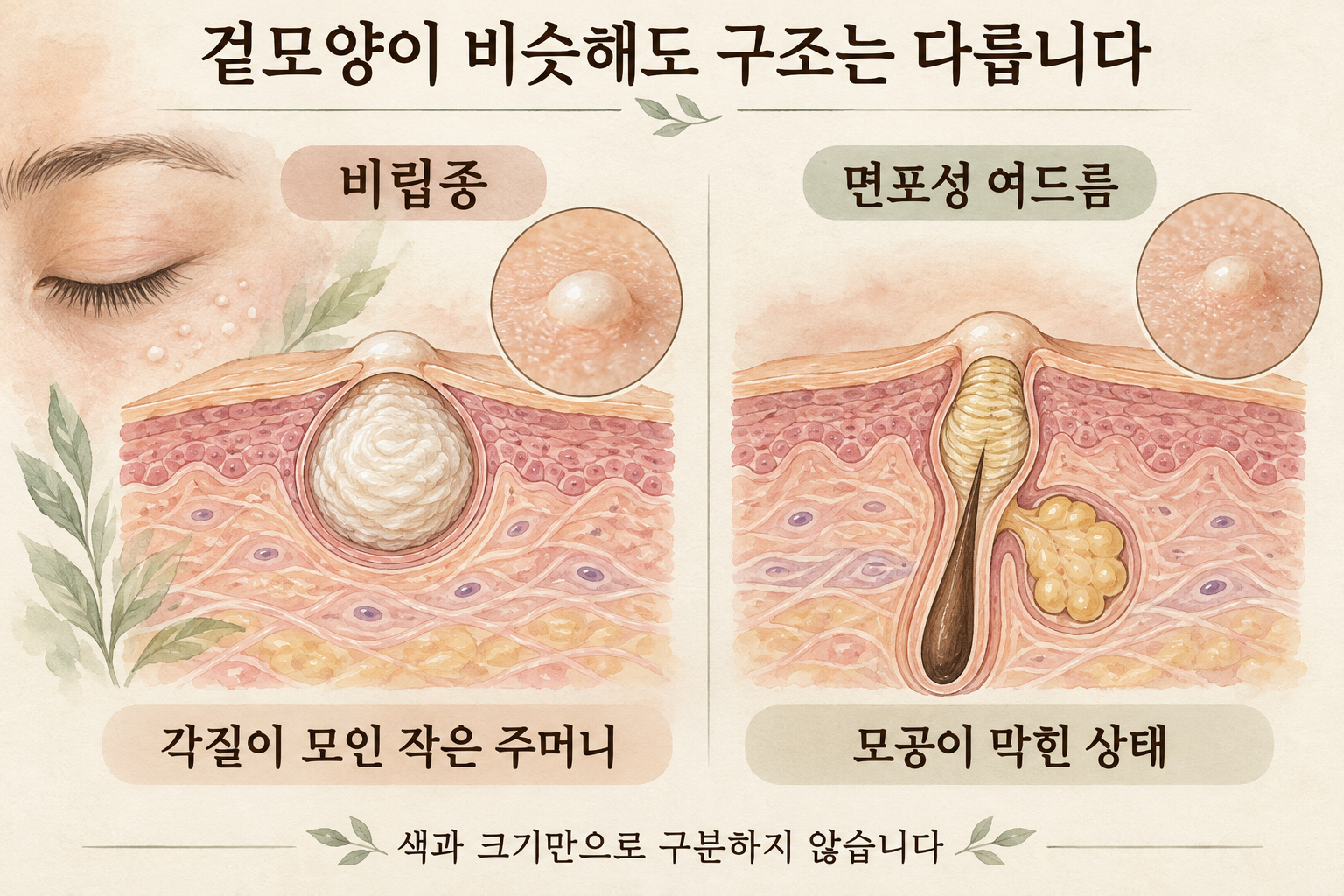 각질이 모인 작은 낭종인 비립종과 모공이 막힌 면포성 여드름의 구조를 단순화한 설명 그림