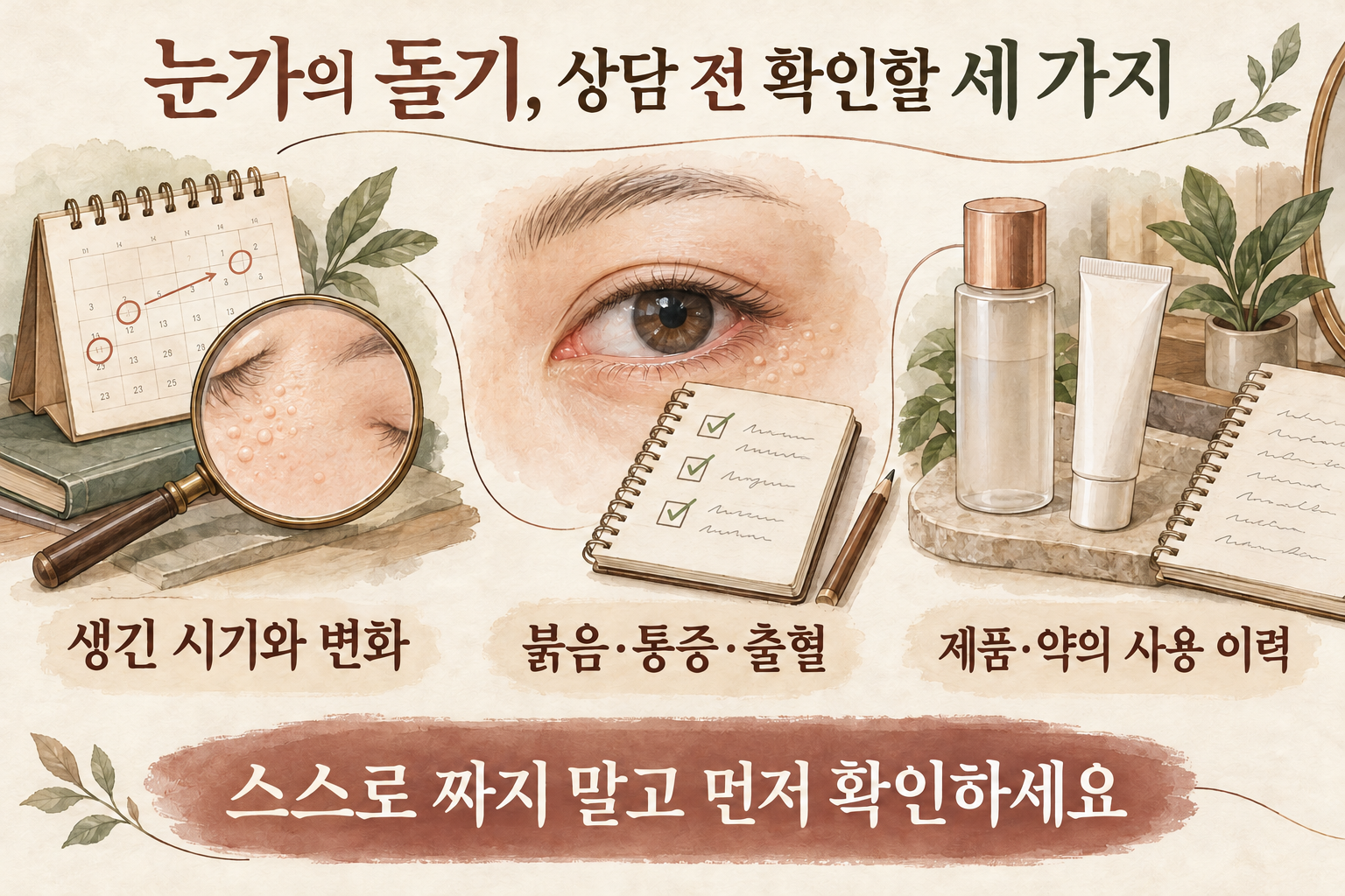 눈가 돌기의 생긴 시기와 변화, 동반 증상, 제품과 약의 사용 이력을 정리하는 설명 그림