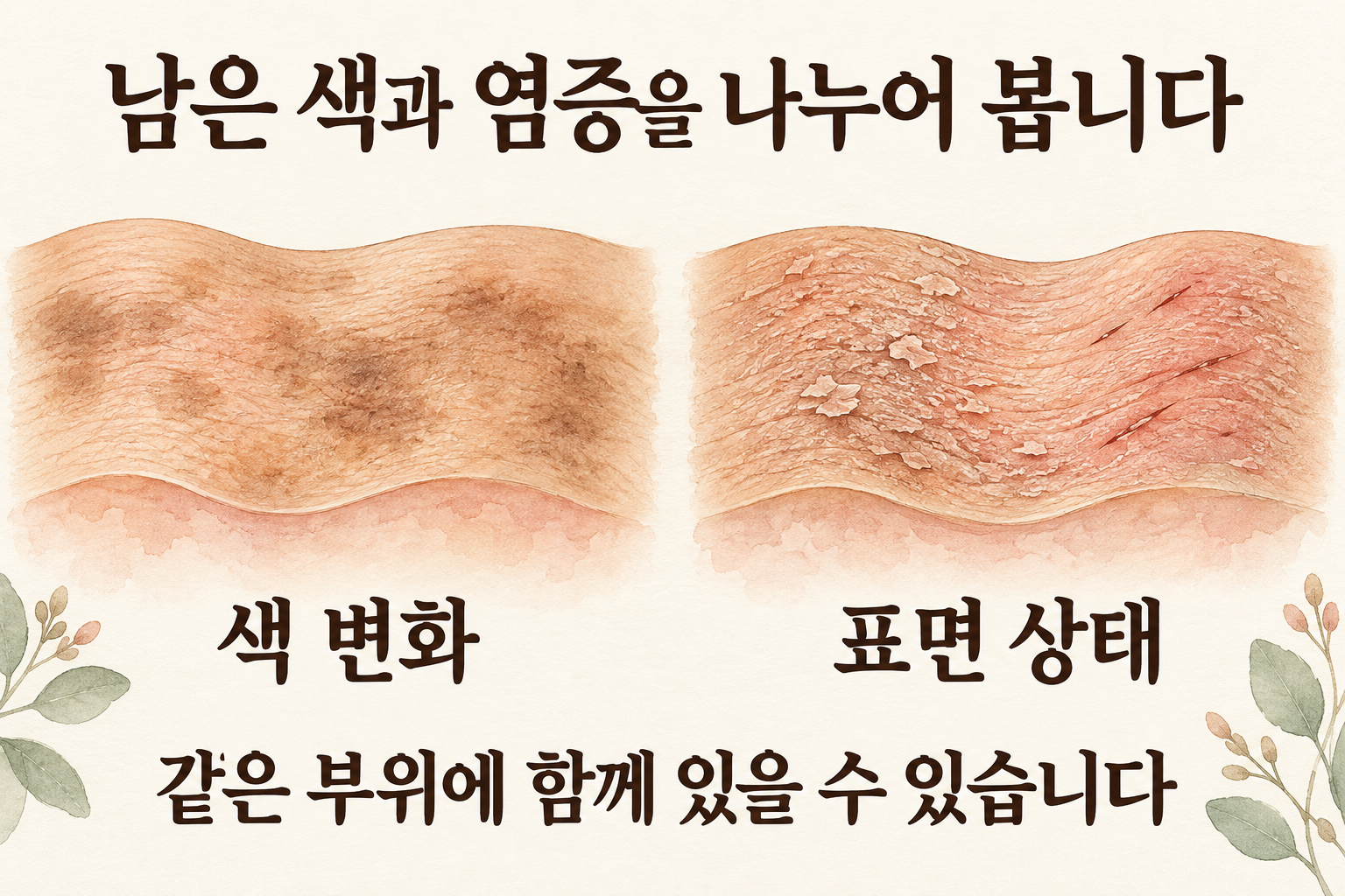 남은 색 변화와 각질·긁힘 등 현재 피부 표면 변화를 함께 살피는 상징적인 수채화 비교도