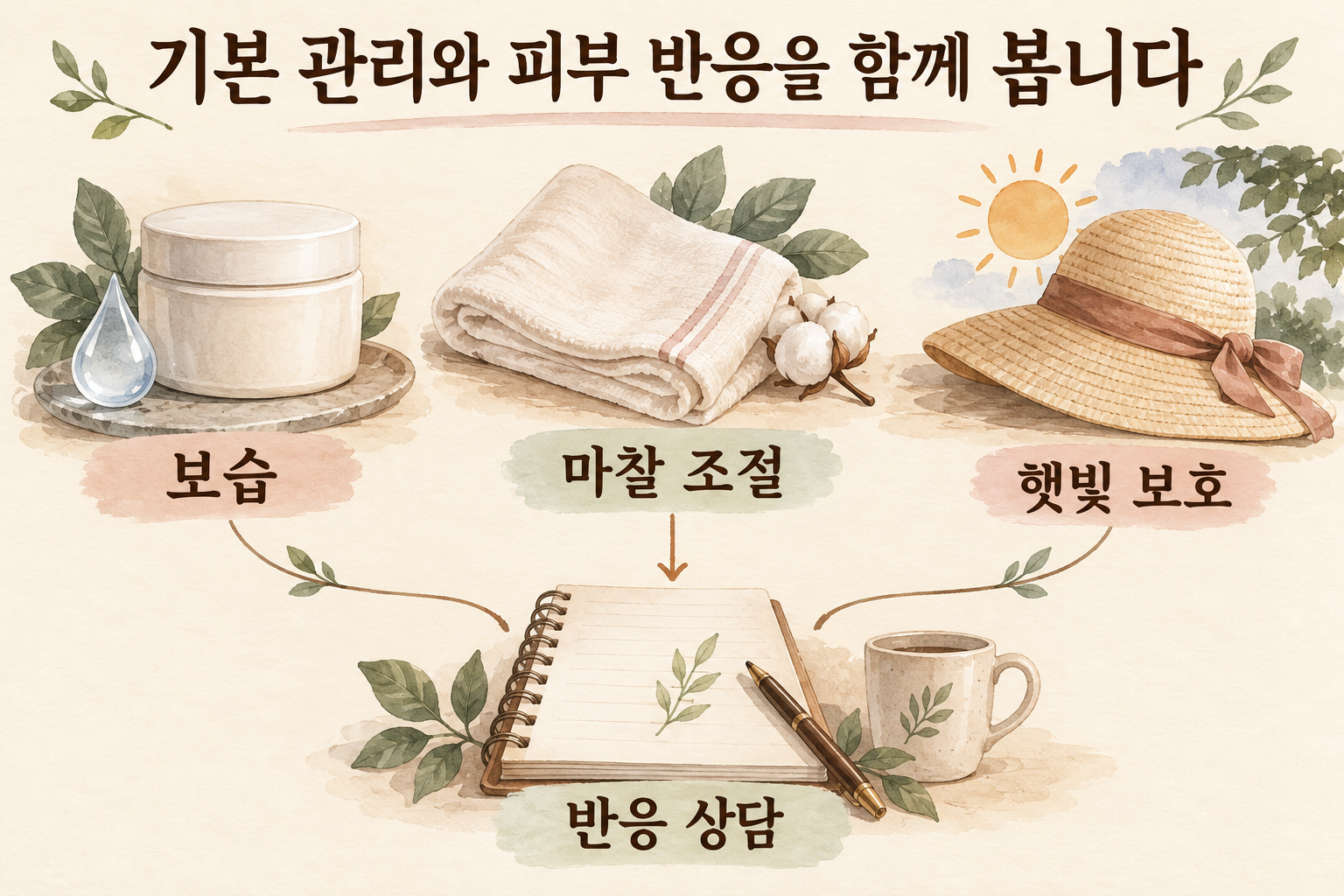 보습, 마찰 조절, 햇빛 보호와 현재 피부 반응 상담을 연결한 수채화 생활관리 그림