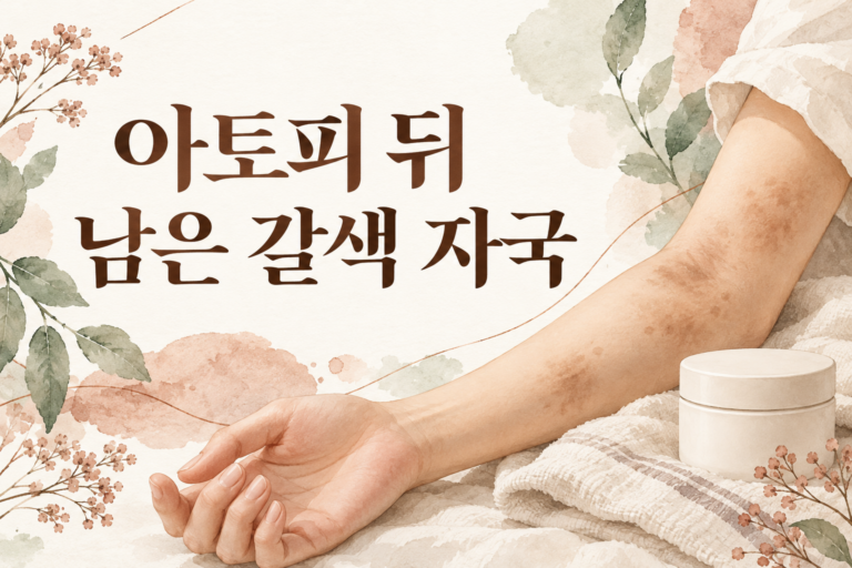 아토피 뒤 남은 색 변화를 상징하는 피부 윤곽과 부드러운 보습 물품의 수채화 썸네일