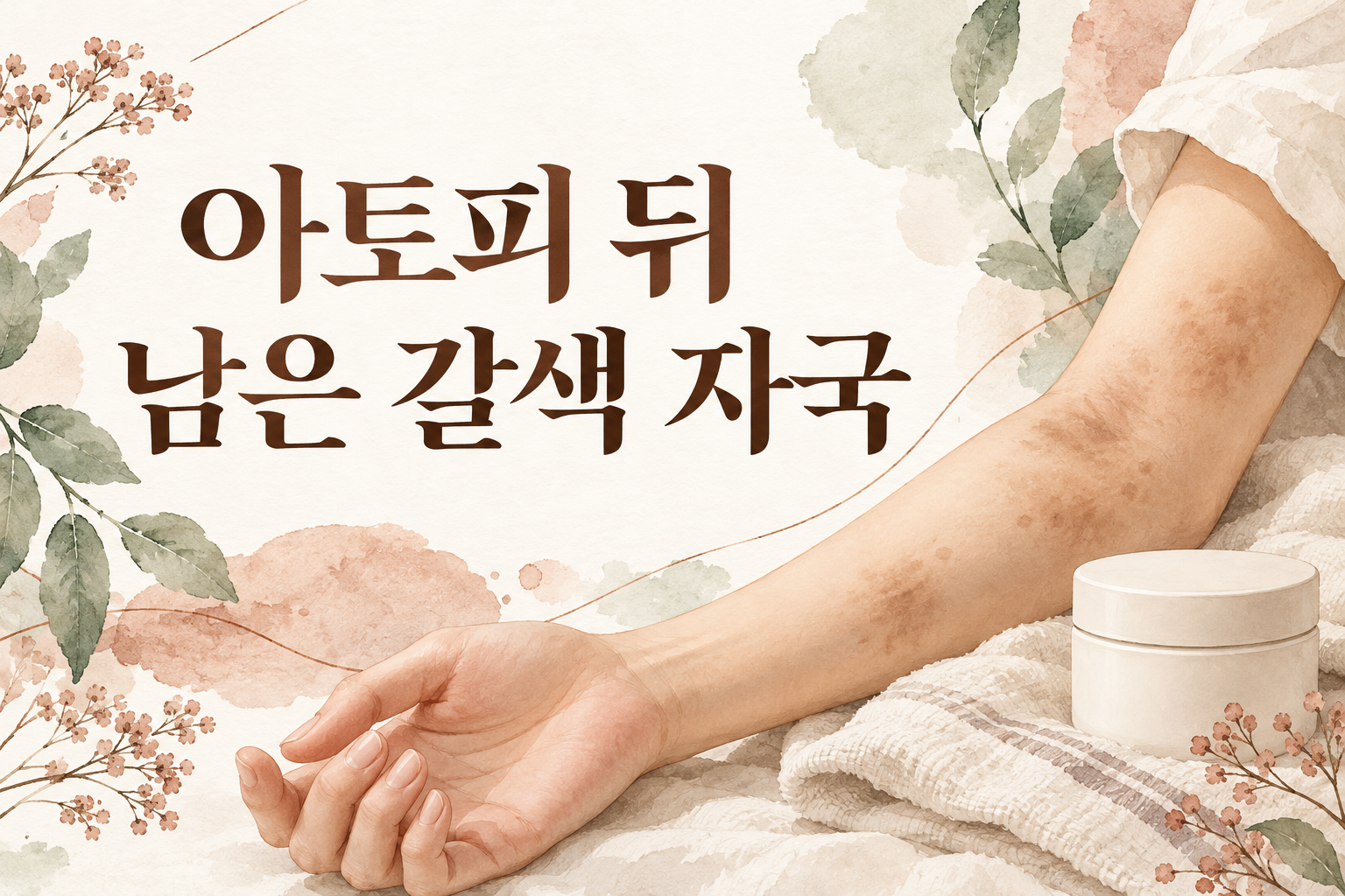 아토피 뒤 남은 색 변화를 상징하는 피부 윤곽과 부드러운 보습 물품의 수채화 썸네일