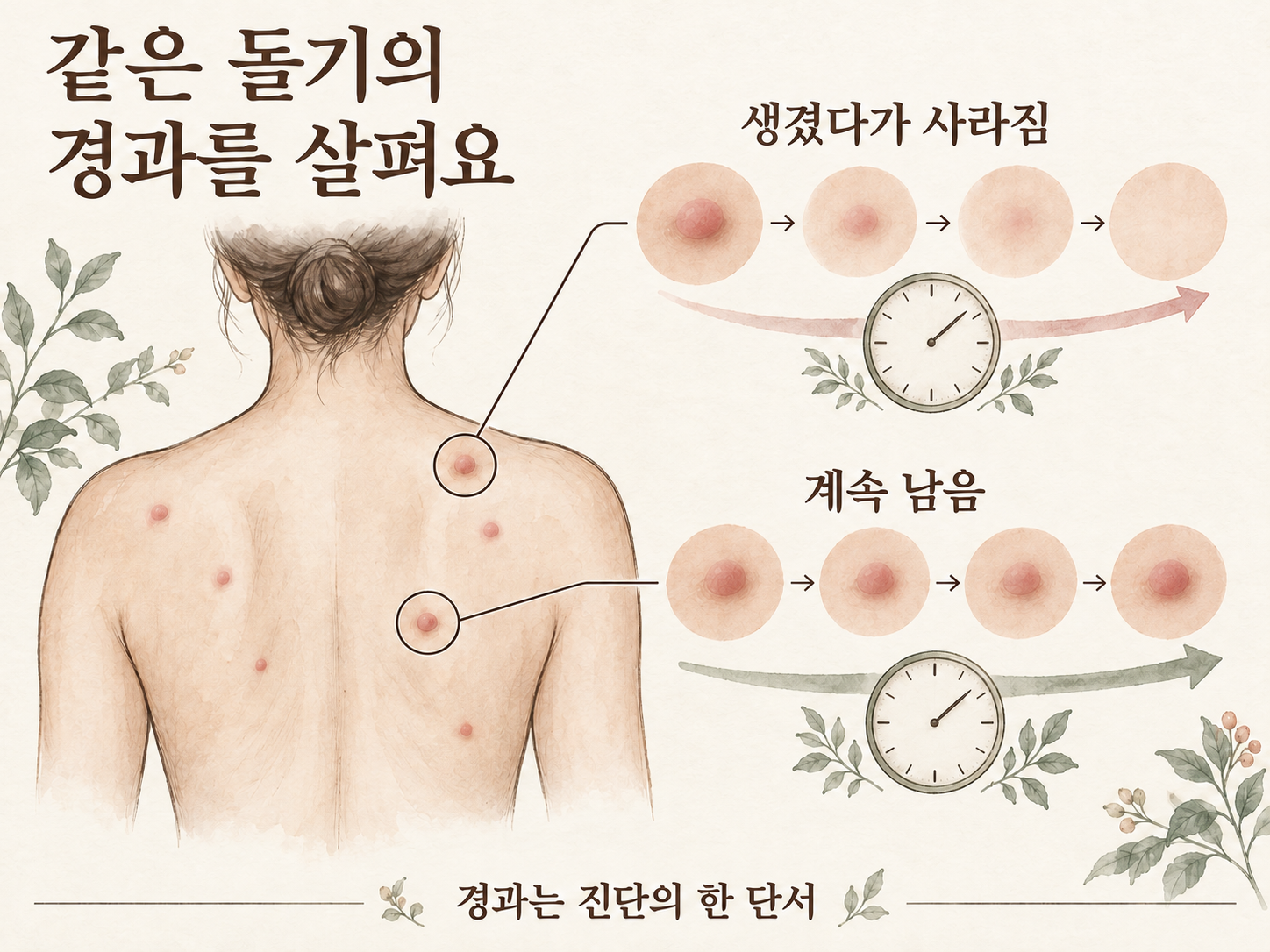 일시적으로 나타났다 사라지는 돌기와 같은 자리에 남는 병변의 관찰 경과를 구분하는 개념 삽화