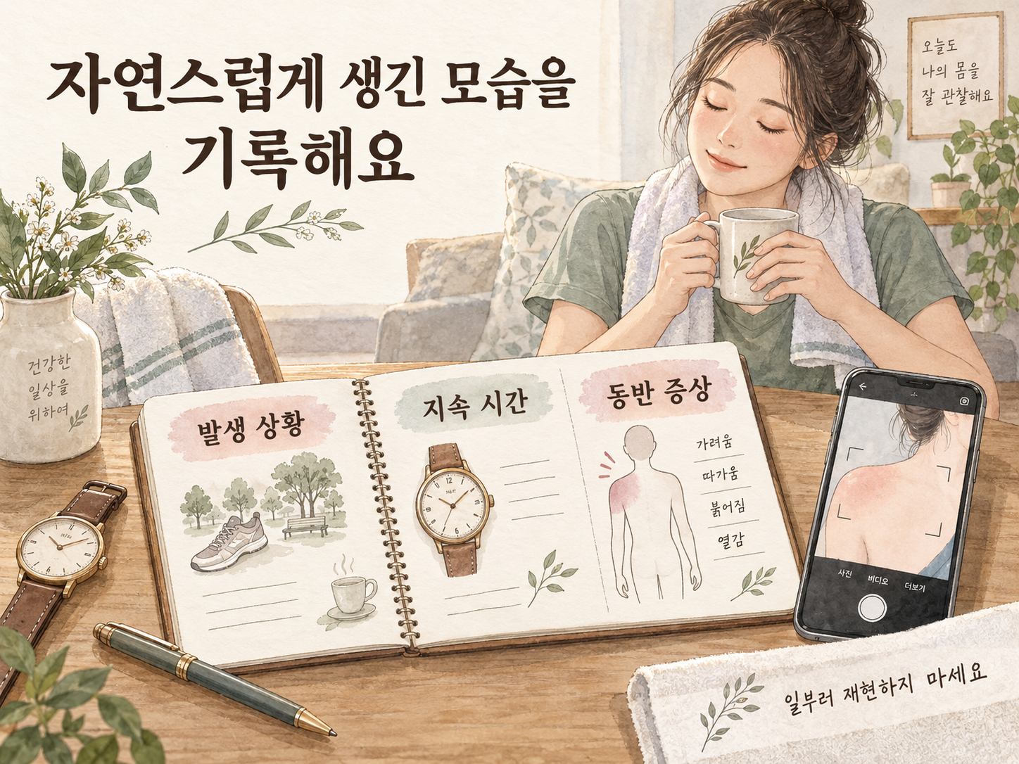 운동 뒤 발생한 피부 변화를 기록하는 상황·시간·동반 증상과 자가 유발을 피하는 안내 삽화