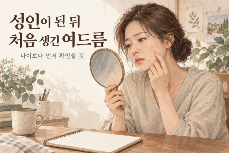 성인 첫 발생 여드름과 상담 준비를 표현한 가상 인물 삽화