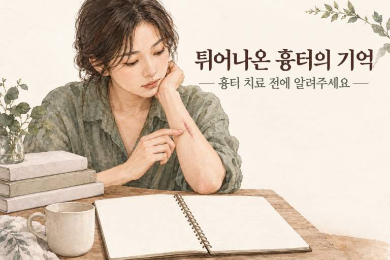 이전에 남은 팔 흉터를 살펴보는 가상 인물 삽화