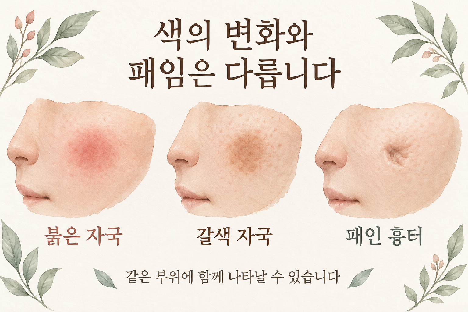 붉은 자국·갈색 자국·패인 흉터의 차이를 보여주는 설명그림