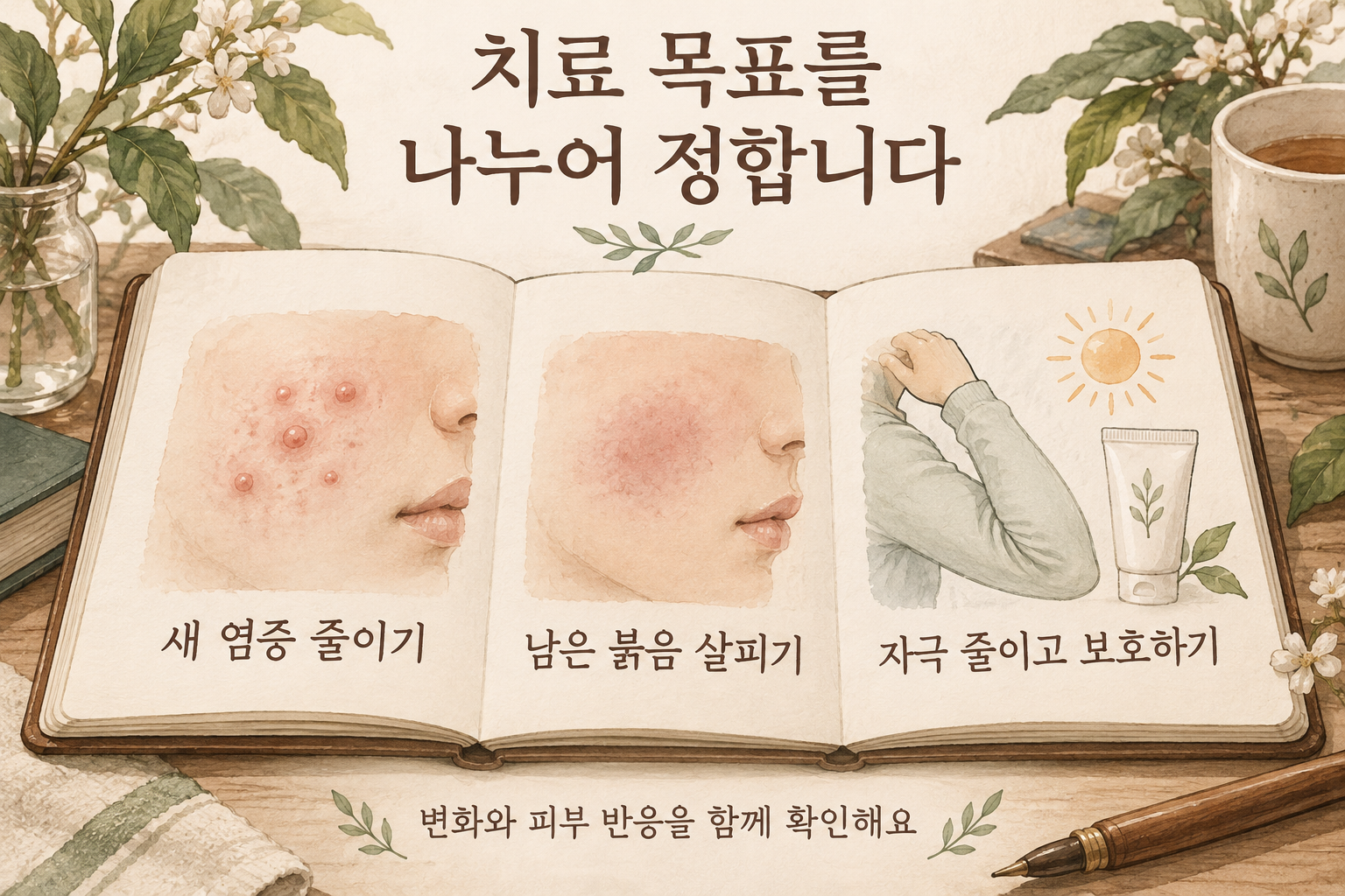 새 염증과 남은 붉음, 피부 보호의 목표를 구분하는 설명그림