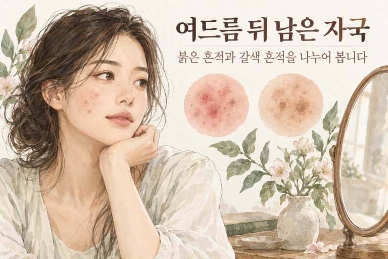 여드름 뒤 남은 붉은 자국과 갈색 자국을 표현한 가상 인물 삽화