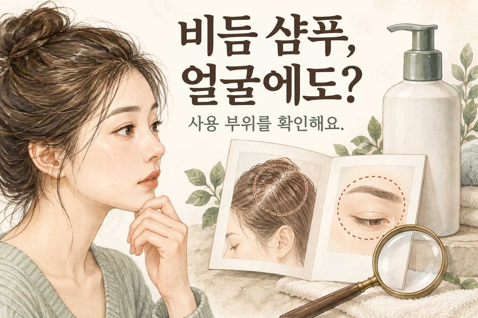 두피용 제품의 얼굴 사용 부위를 확인하는 설명용 삽화