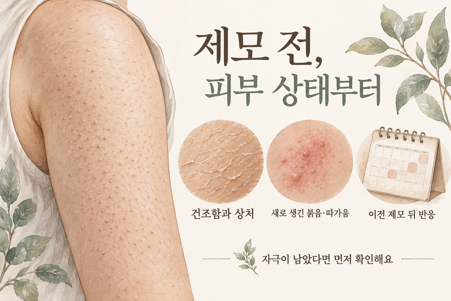 건조함·상처와 새 붉음·따가움, 이전 제모 뒤 반응을 확인하는 설명그림