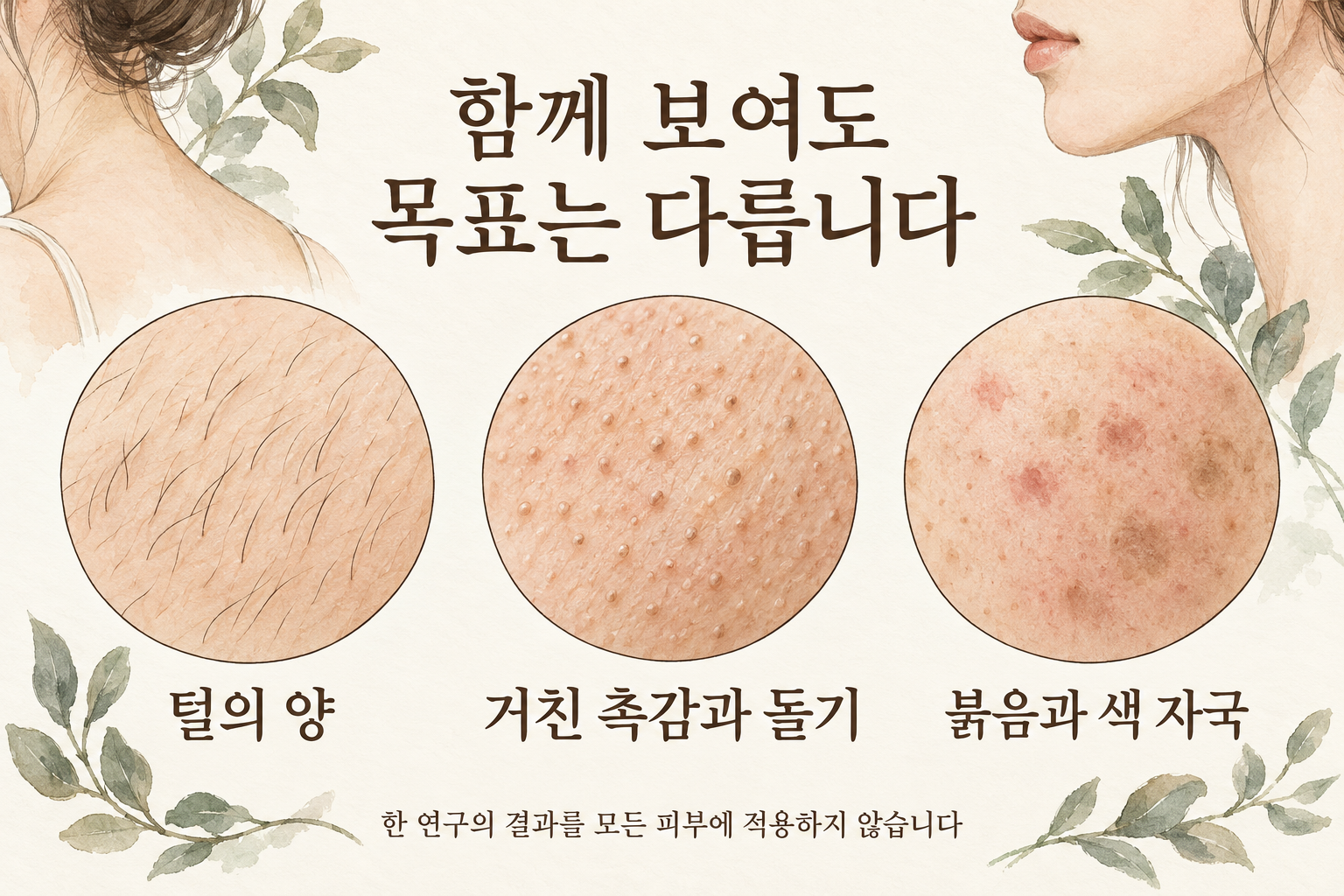 털의 양·거친 돌기·붉음과 색 자국을 구분하는 설명그림