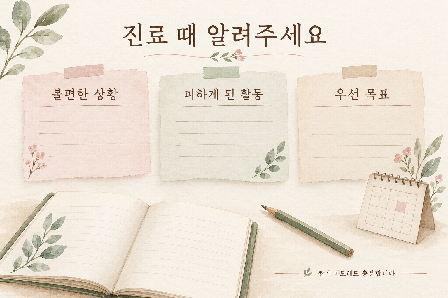 진료 전에 불편한 상황과 활동 및 목표를 정리하는 메모 삽화
