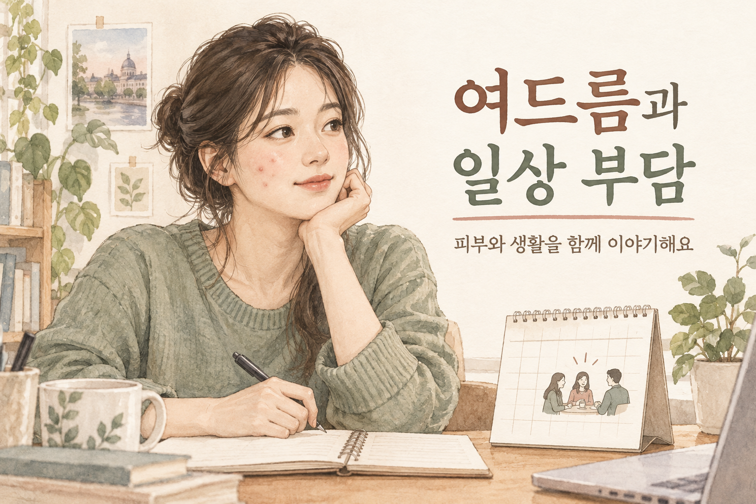 여드름과 일상의 부담을 표현한 가상 인물 삽화