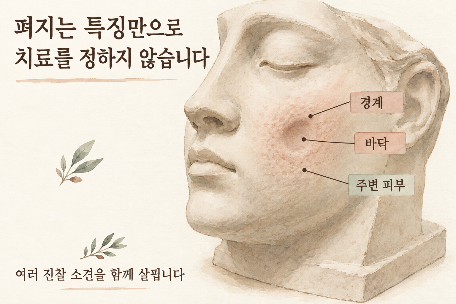 가상의 얼굴 모형에서 흉터의 바닥·경계·주변을 함께 관찰하는 도해