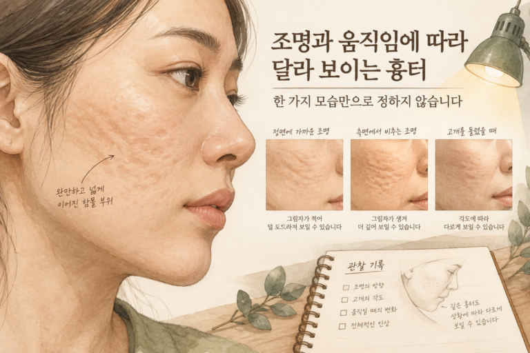 조명과 피부 움직임에 따라 흉터가 달라 보이는 개념 삽화