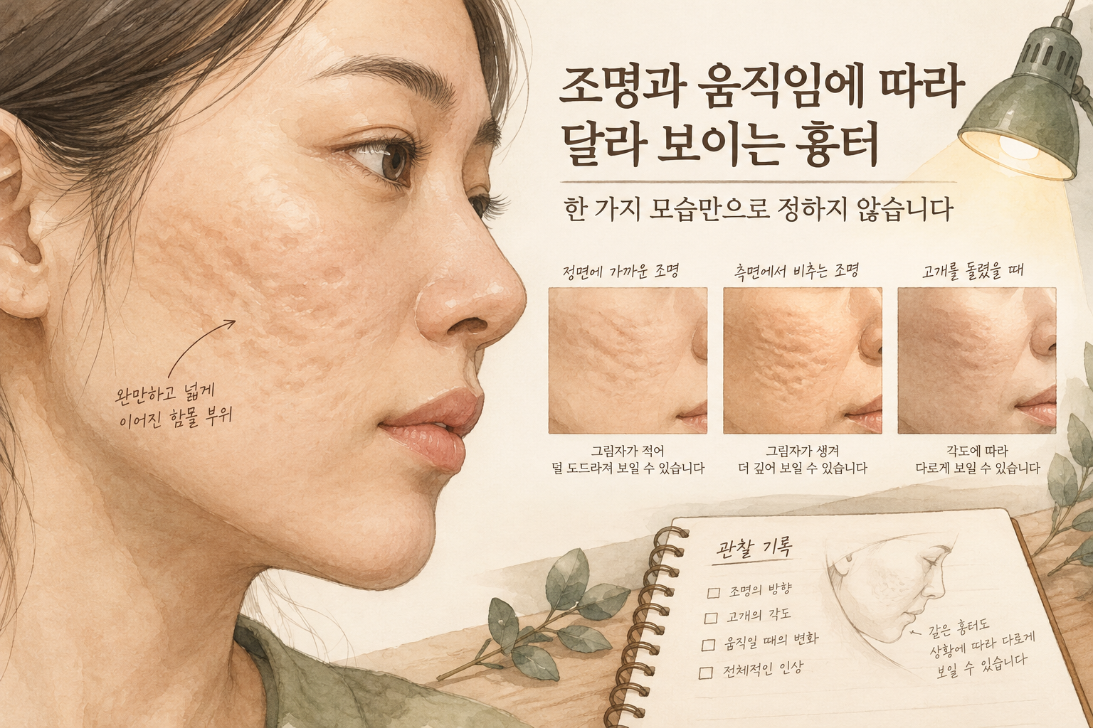 조명과 피부 움직임에 따라 흉터가 달라 보이는 개념 삽화