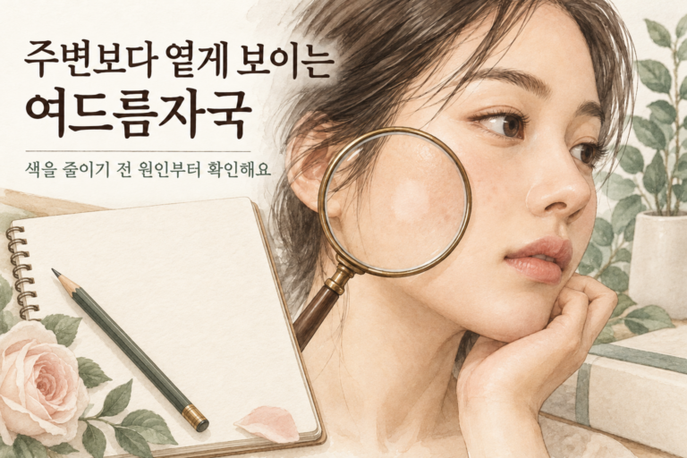 가상의 얼굴에 옅게 보이는 흔적과 돋보기를 표현한 설명용 수채화