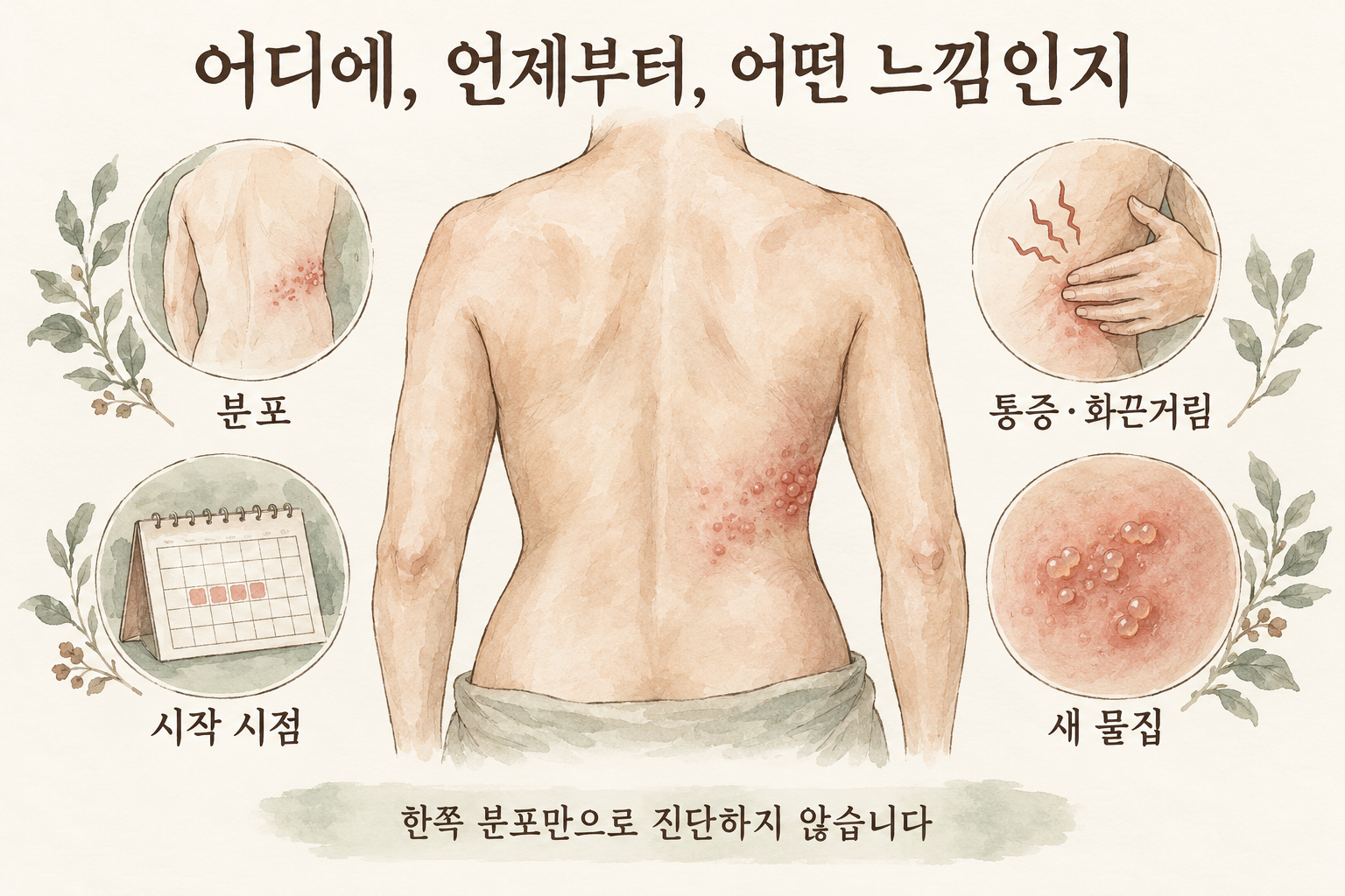 병변의 위치와 시작 시점, 통증과 물집 여부를 정리하는 설명그림