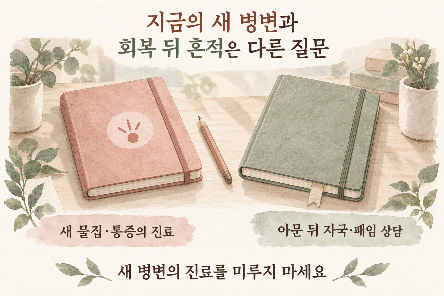 현재 새 병변의 평가와 회복 뒤 남은 색·패임의 상담을 구분하는 설명그림