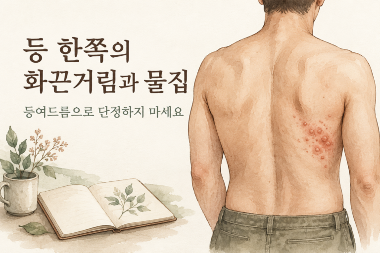 한쪽 등 피부의 새 변화와 관찰 메모를 보여 주는 가상 인물 수채화