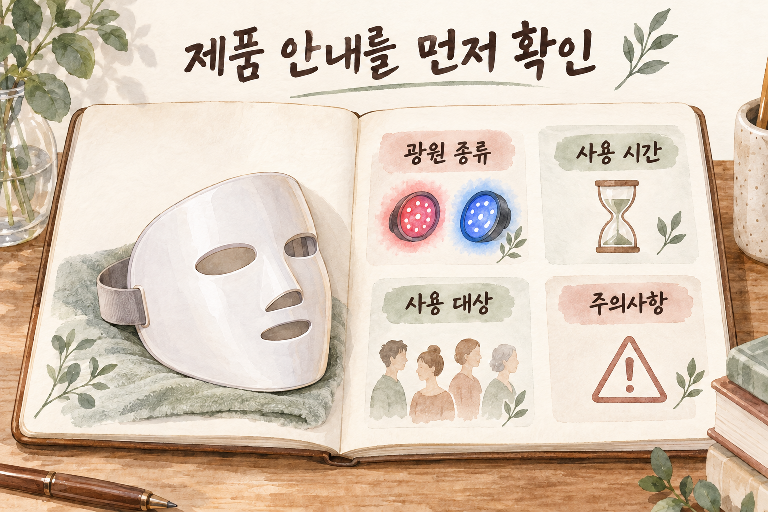 LED 제품의 광원 종류와 사용 시간 및 주의사항을 확인하는 그림