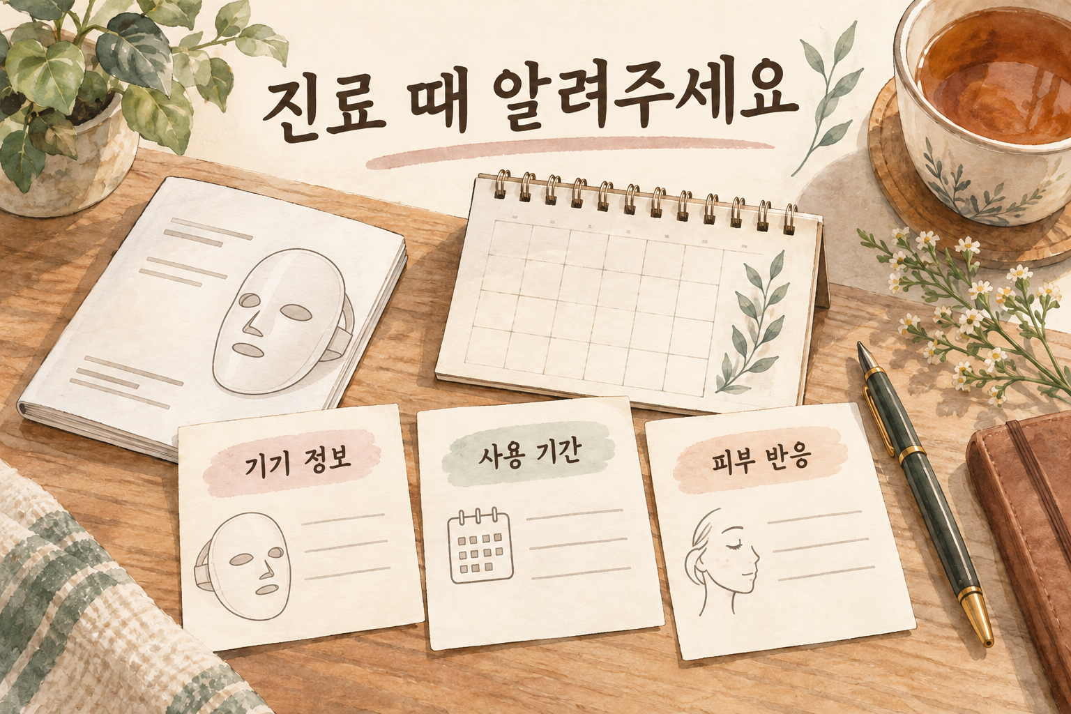 기기 정보와 사용 기간 및 피부 반응을 진료 때 전달하는 상담 준비 그림