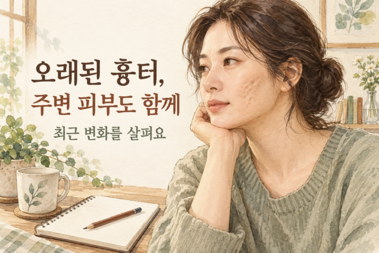 오래된 흉터와 주변 피부를 함께 살피는 수채화