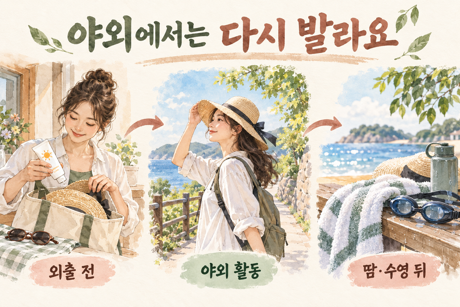 외출 전과 야외 활동 및 땀이나 수영 뒤의 자외선 차단 상황 그림