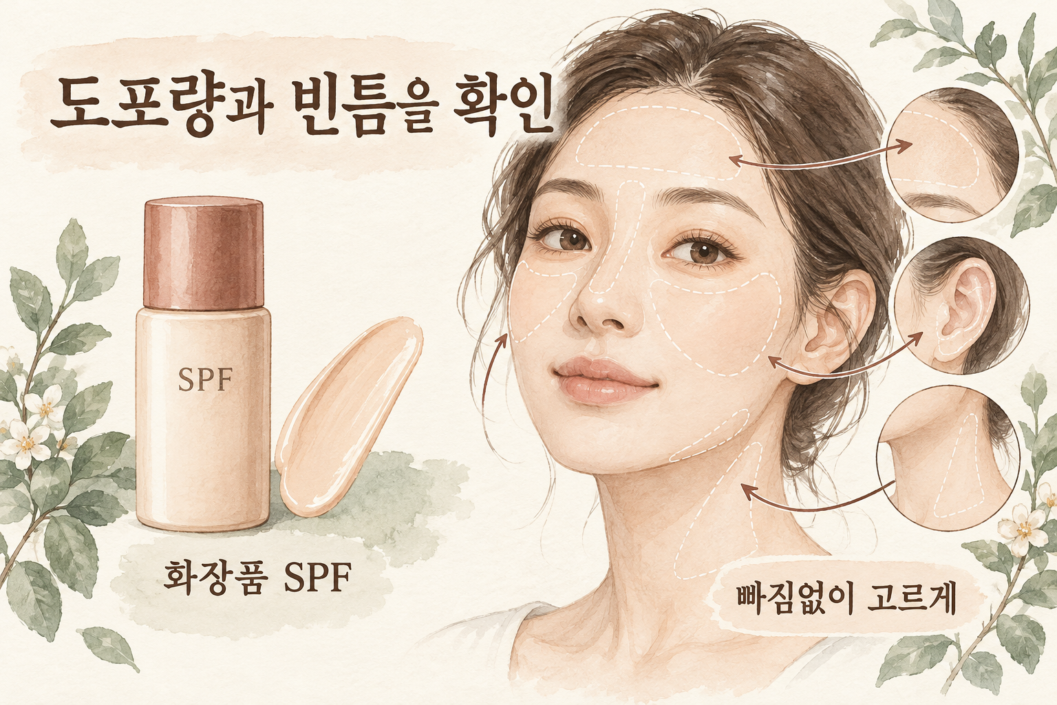 화장품의 SPF 표기와 실제 도포량 및 빈틈을 구분하는 설명그림