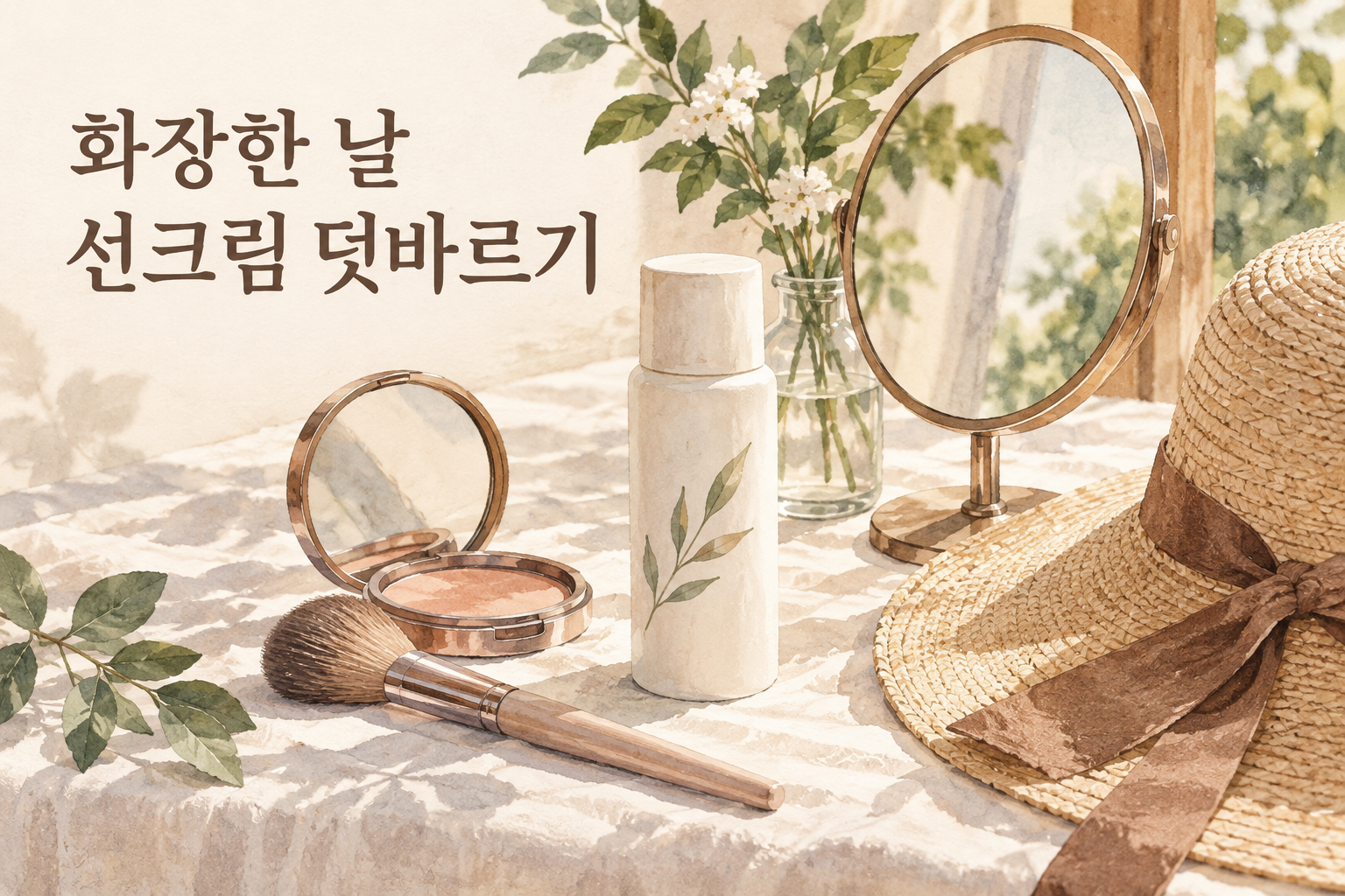 화장한 날의 선크림과 외출 준비 도구를 표현한 수채화