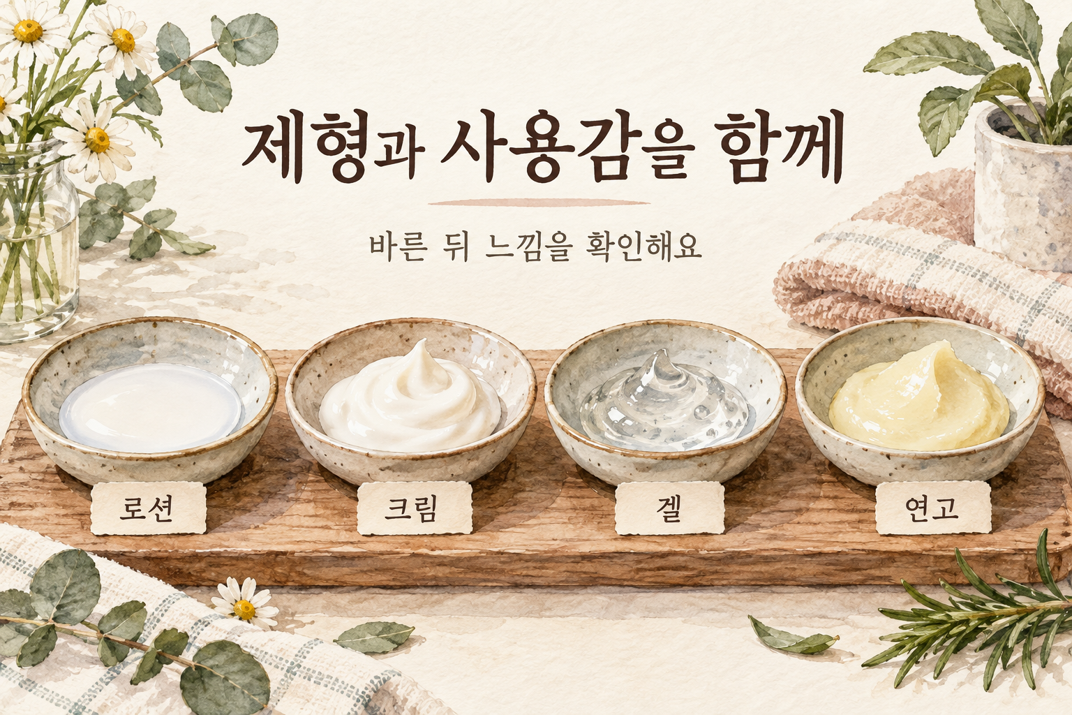 네 가지 보습제 제형과 사용감을 살펴보는 설명그림