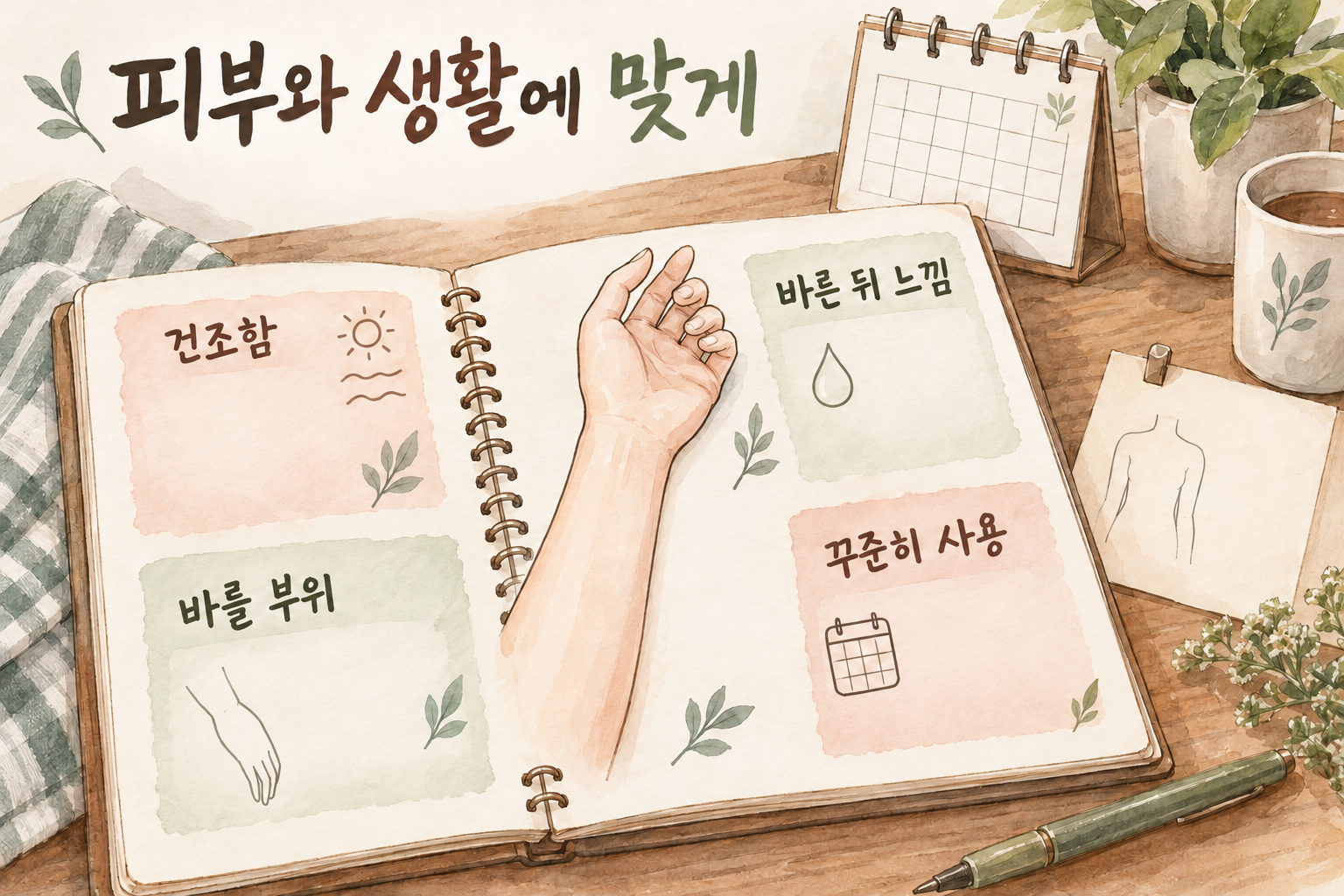 피부의 건조함과 바를 부위 및 사용감을 함께 확인하는 선택 질문 그림
