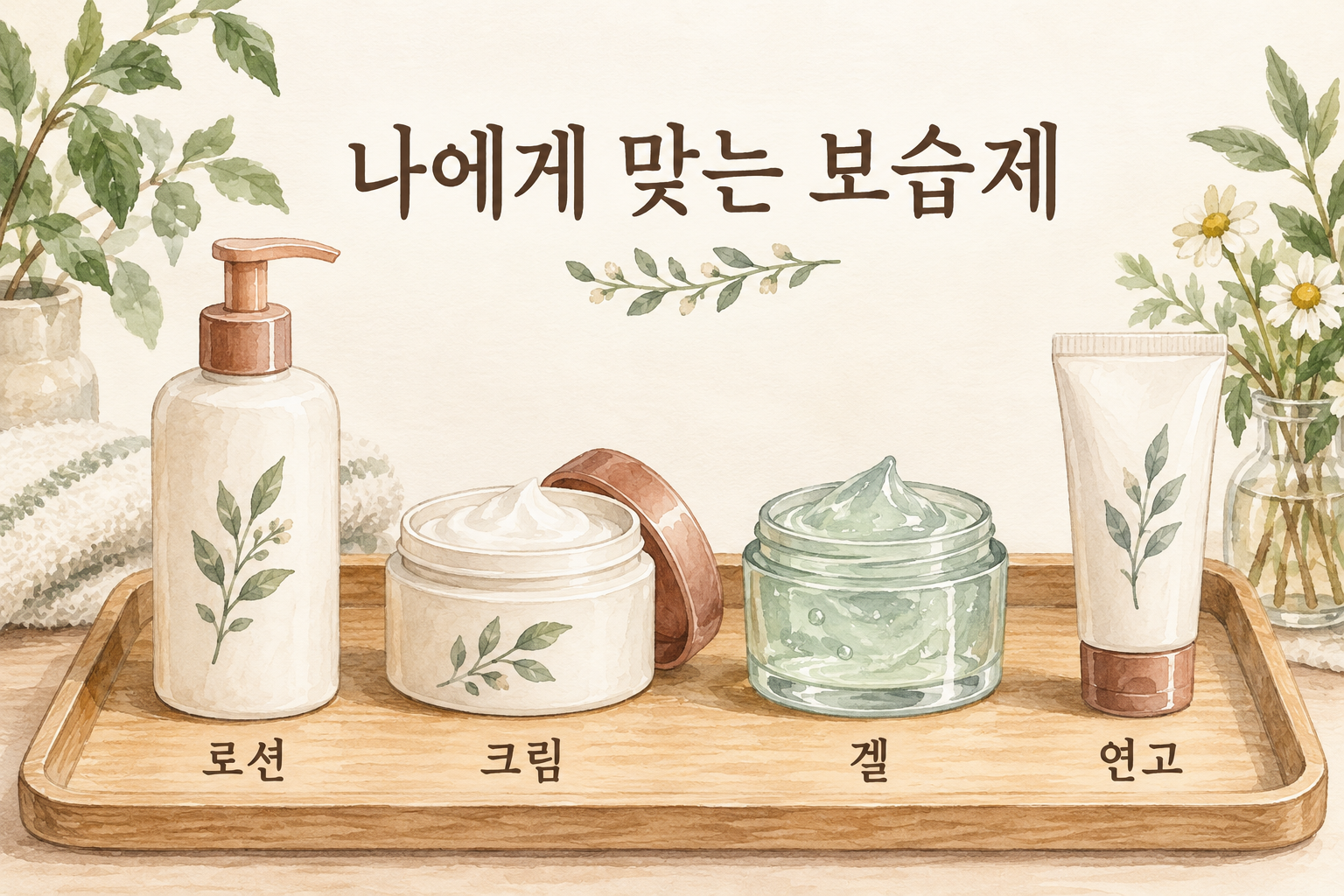 로션과 크림 및 겔과 연고를 같은 비중으로 보여주는 수채화