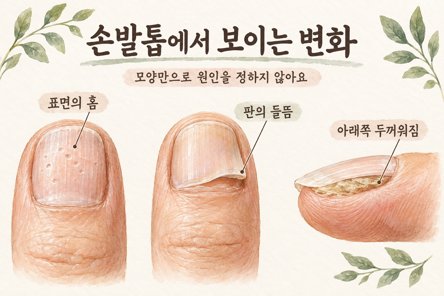 손발톱 표면의 홈과 판의 들뜸 및 아래쪽 두꺼워짐 위치 그림