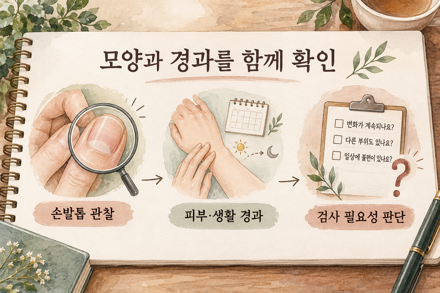 손발톱 관찰과 피부 및 생활 경과를 확인한 뒤 검사 필요성을 판단하는 흐름 그림