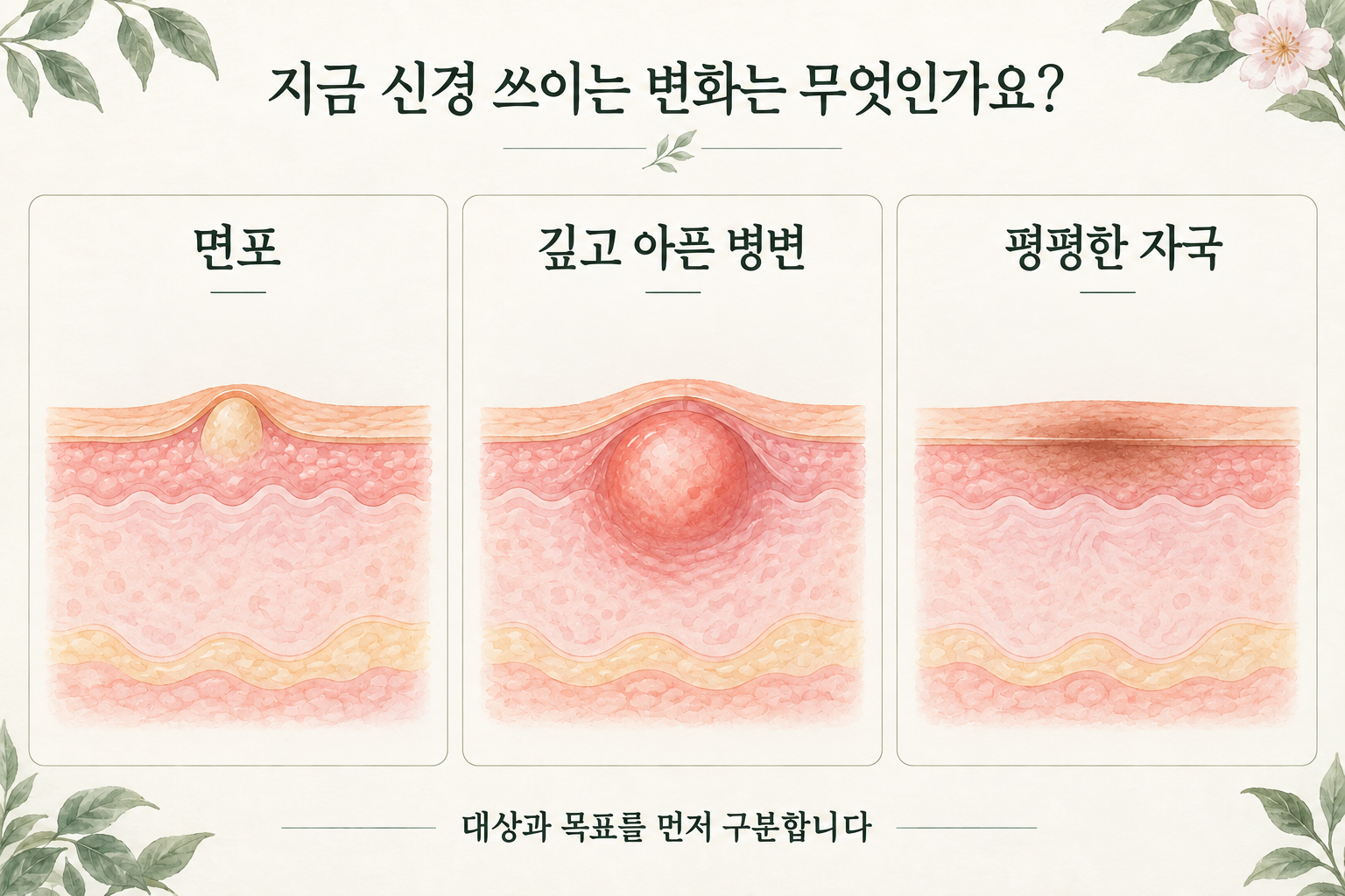 면포, 깊고 아픈 병변, 평평한 자국을 나란히 구분한 그림