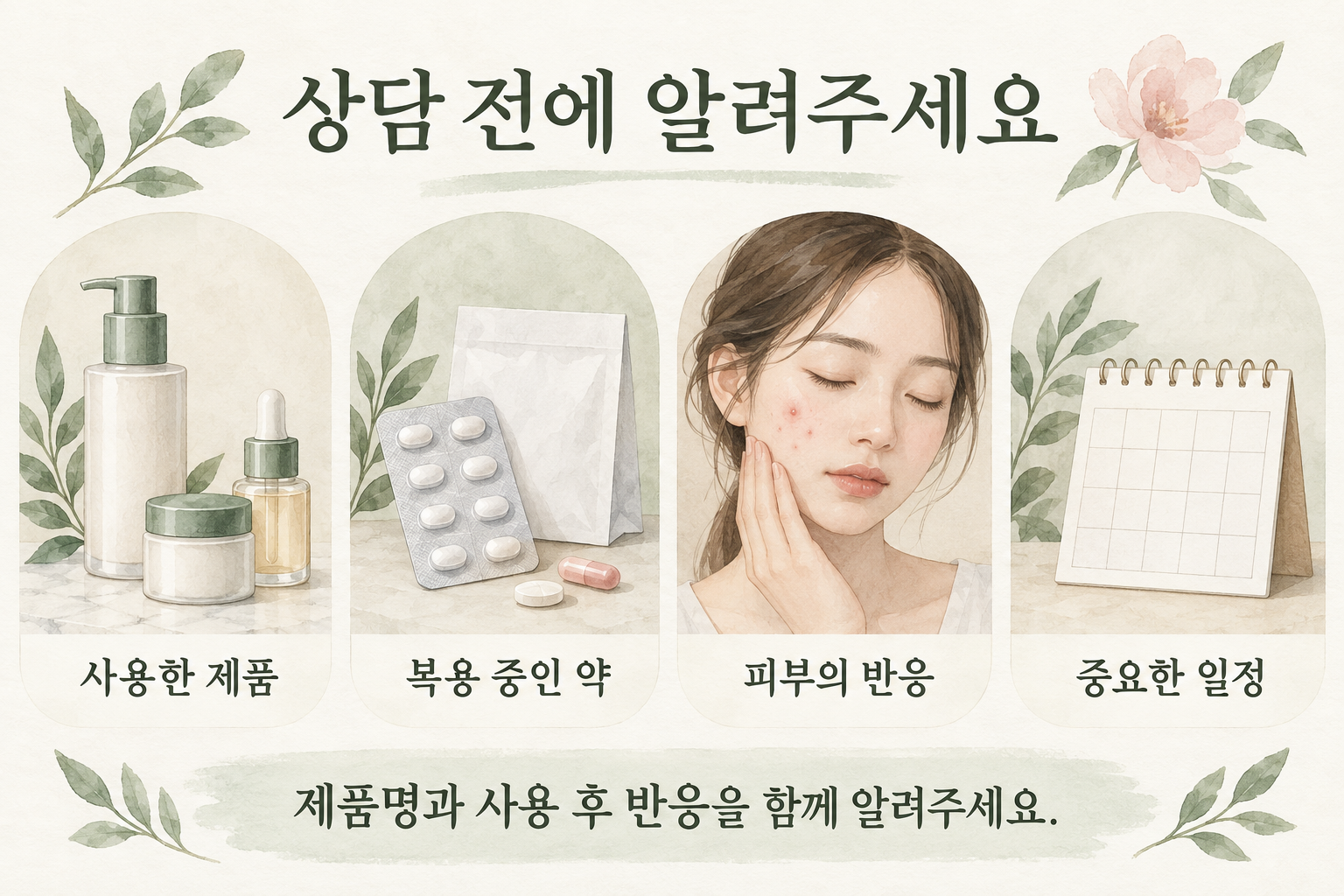 상담 전 제품, 약, 피부 반응, 중요한 일정을 확인하는 그림