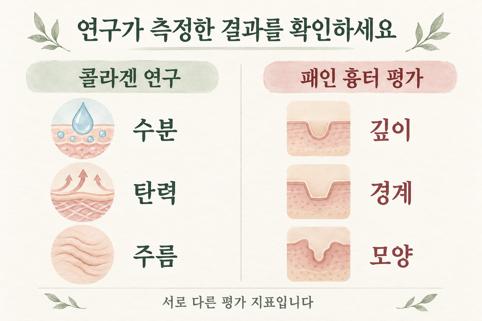 콜라겐 연구의 수분·탄력·주름 지표와 흉터의 깊이·경계·모양 평가를 비교한 그림