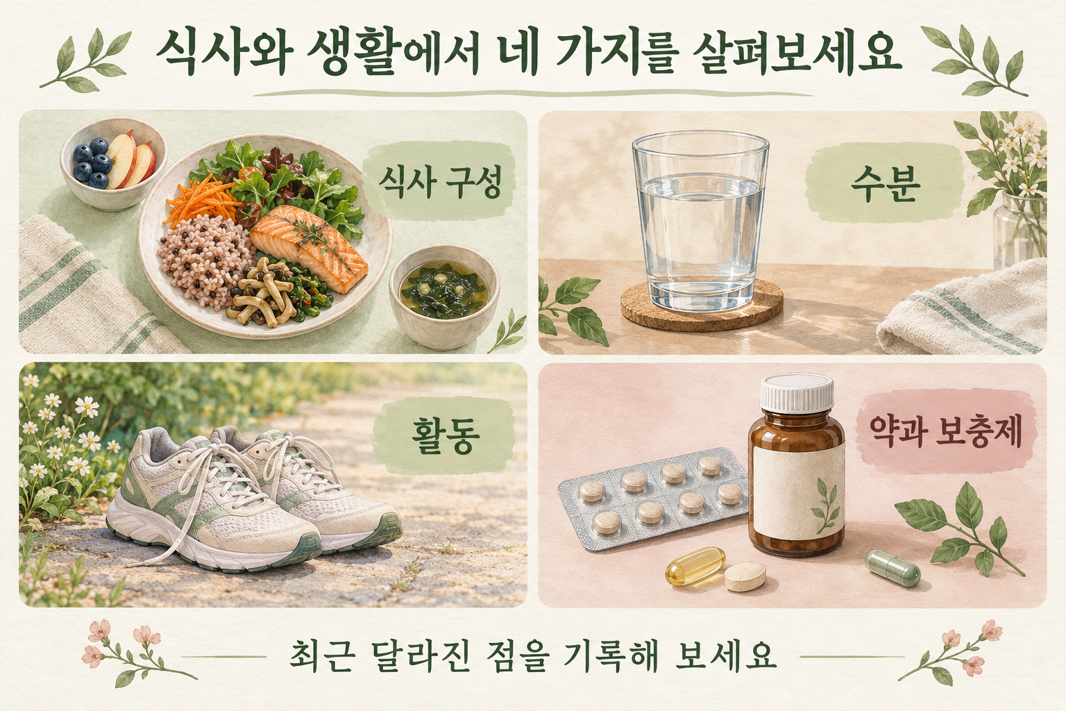식사 구성, 수분, 활동, 약과 보충제를 점검하는 그림