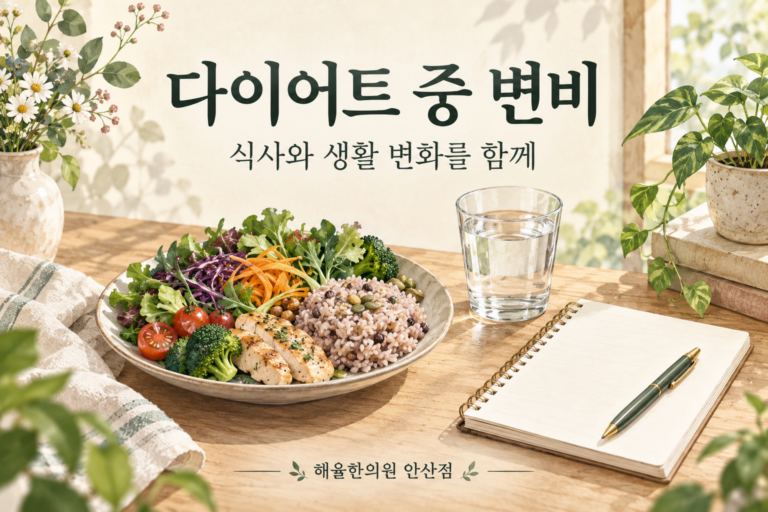 다이어트 중 배변 변화와 식사·생활 기록을 함께 살펴보는 그림